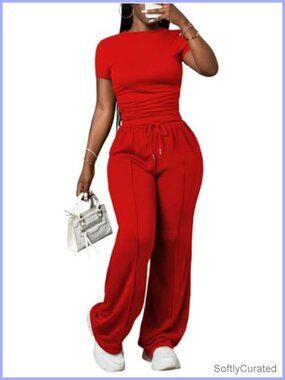 Women's 2 Piece Lounge Set Ruched Short Sleeve Top Wide Leg Pants Tracksuit